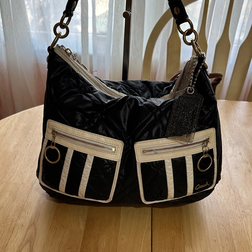Coach Poppy Black and White Quilted Shoulder Bag with Front Pockets